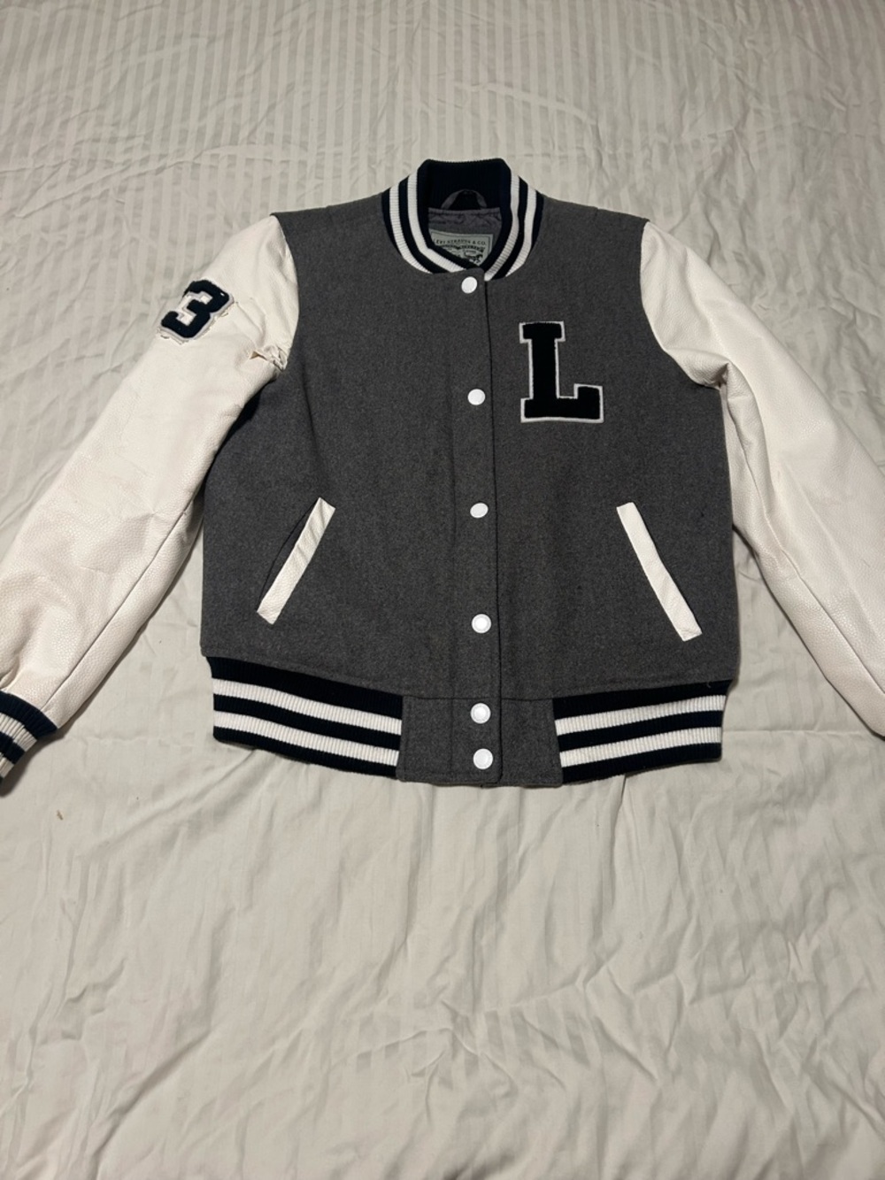 Levi Strauss & Co. Gray Varsity Jacket with Navy & White Striped Collar